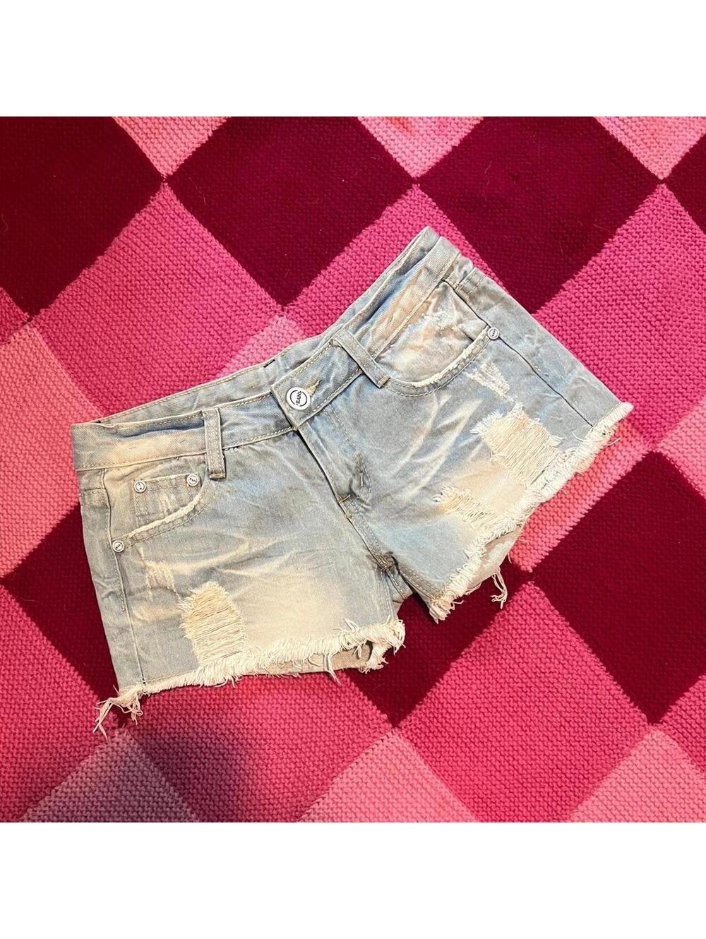 y2k light blue distressed denim mini shorts